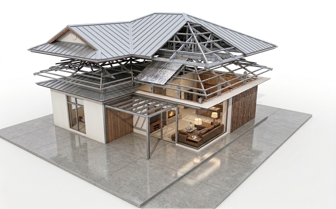Exploded cutaway of a residence: standing-seam metal roof lifted off the steel trusses, foil underlay, ceiling plane and panelled walls