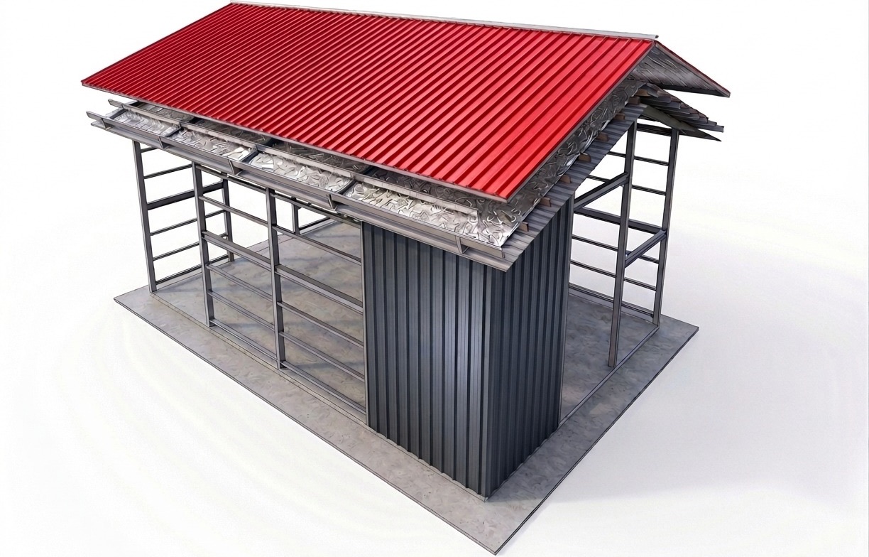 Exploded cutaway of a steel carport: red roof sheeting over foil underlay, purlins, a light-gauge steel frame and ribbed wall cladding